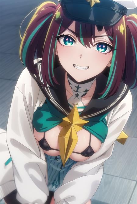 matamaakoya, <lora:matama akoya s1-alpha-lora-nochekaiser:1>,matama akoya, long hair, brown hair, (green eyes:1.3), multicolored hair, aqua eyes, two side up, streaked hair, smile, grin,BREAK skirt, thighhighs, long sleeves, hat, jacket, swimsuit, bikini, open clothes, black thighhighs, sailor collar, star \(symbol\), nail polish, neckerchief, black bikini, white headwear, (bikini top only:1.5), (white jacket:1.5),BREAK outdoors, city,BREAK looking at viewer, (cowboy shot:1.5),BREAK <lyco:GoodHands-beta2:1>, (masterpiece:1.2), best quality, high resolution, unity 8k wallpaper, (illustration:0.8), (beautiful detailed eyes:1.6), extremely detailed face, perfect lighting, extremely detailed CG, (perfect hands, perfect anatomy),