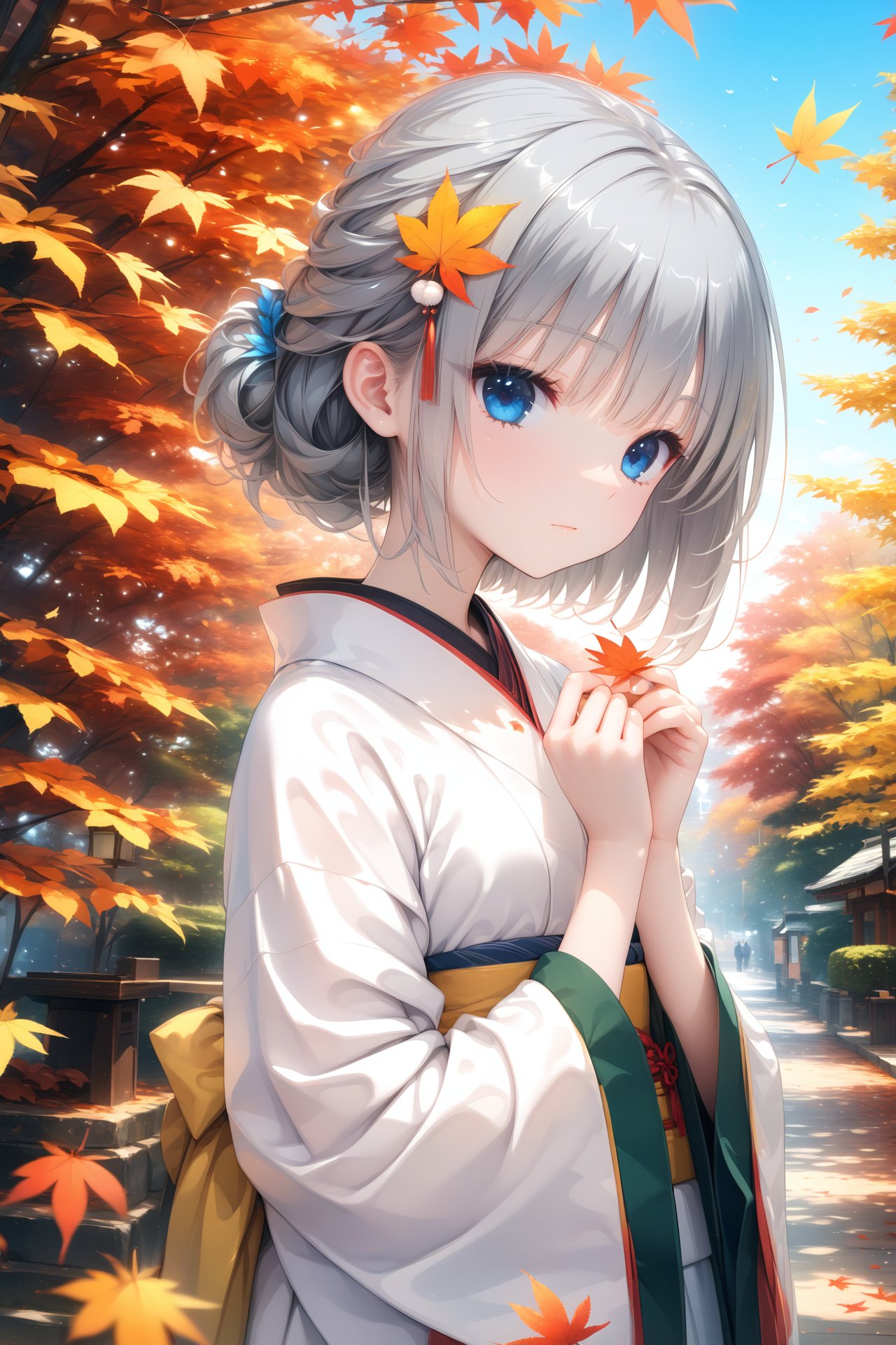 (masterpiece),(best quality),illustration,ultra detailed,hdr,Depth of field,(colorful),1girl, solo, blue eyes, japanese clothes, autumn leaves, white kimono, kimono, leaf, hair ornament, long sleeves, upper body, wide sleeves, grey hair, maple leaf, looking at viewer, closed mouth, sash, obi, hands up, short hair, falling leaves, tree, outdoors, autumn