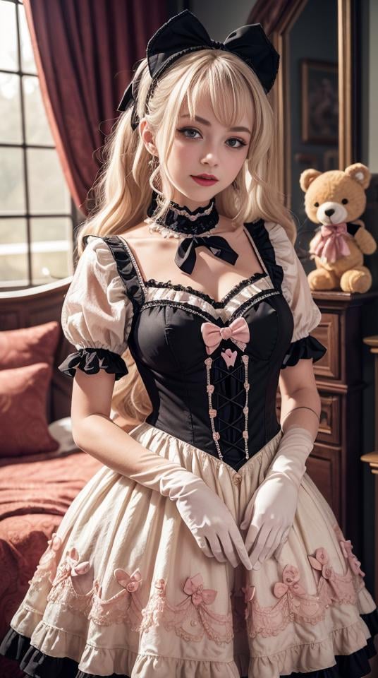 1girl, photo, masterpiece, sweetlolita at bedroomgothic gothic interior, yellow dress fabric,  heart shape on cheek, blush pink makeup, gloves, smile, pastel color, ornate, broderry, holding stuffed animal, bokeh,  <lora:ARWSweetLolita:1>  <lora:ARWBedroomGothic:0.4>