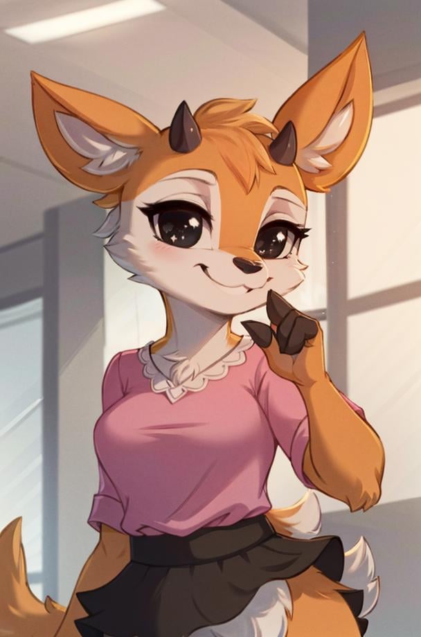 1girl, (anthro furry:1.2), TsunodaCzar, (two-toned fur, orange fur, black eyes, deer ears, horns, snout), (pink blouse, black skirt, smiling), (interior, office), (masterpiece:1.2), hires, ultra-high resolution, 8K, high quality, (sharp focus:1.2), clean, crisp, cinematic, <lora:Tsunoda-10:1>