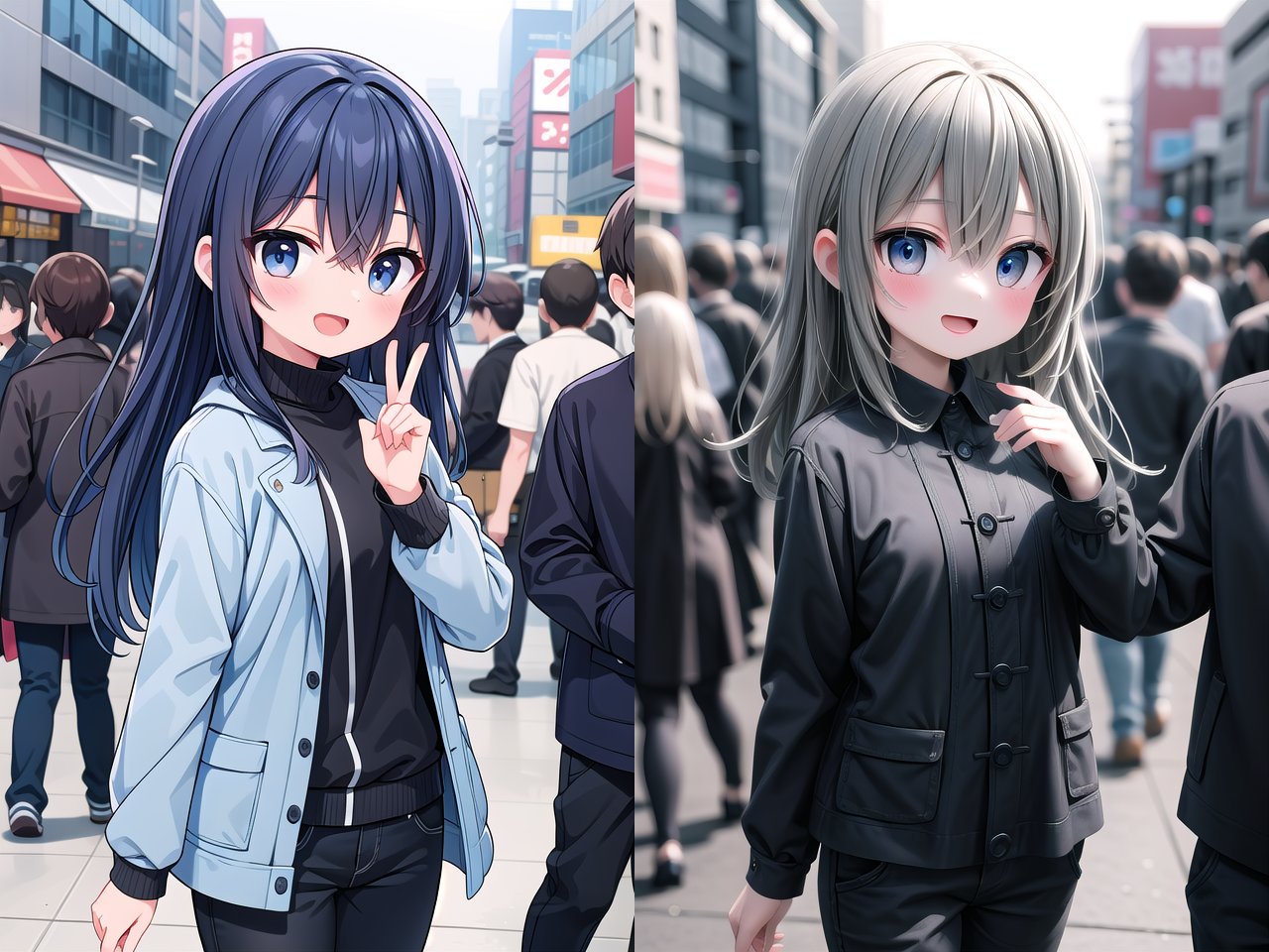 <lora:make25d_type5_v100:1>insanely detailed, absurdres, ultra-highres, ultra-detailed, best quality,1girl, solo, nice hands, perfect handsBREAKmaxi coat, long sleeve shirt, chino pants, (nsfw:-1.5)BREAKhappy smile, laugh, open mouthBREAK,standing, cowboy shot, looking at viewerBREAKslender, kawaii, perfect symmetrical face, ultra cute girl, ultra cute face, ultra detailed eyes, ultra detailed hair, ultra cute, ultra beautifulBREAKshibuya, akihabara, tokyo, street, crowd, cityscape, depth of field, ultra detailed backgroundBREAKmedium breastsBREAKgreen hair, black eyes, fishtail, hair between eyes