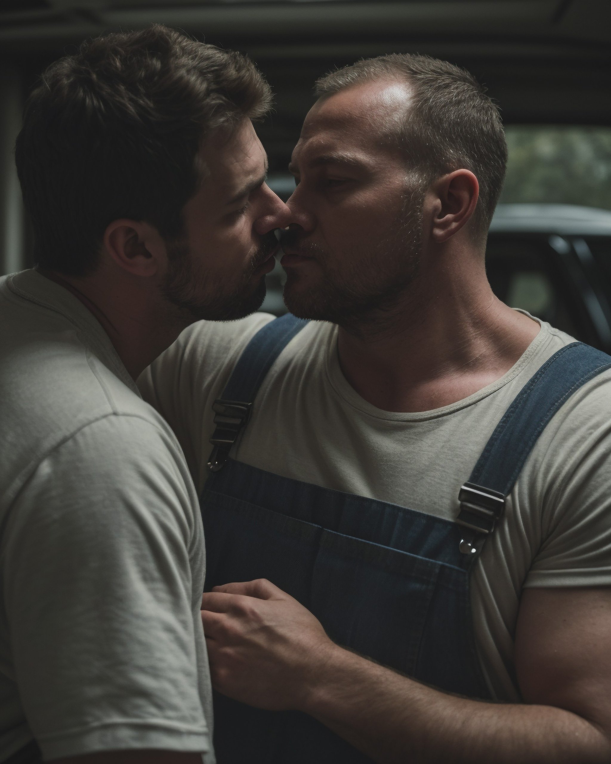 High budget hollywood film, Engineer kissing mechanic,male focus,gay,overalls,straps,sweat stain,white undershirt,brown belt,in the car,50yos middle-aged dad,and his son 20yos young man,kissing,machanic,manly,stubble,handsome,hollywood movie male star,close eyes,two muscular men cuddled up in the workshop,due to their love not being accepted by the world,they revealed a sad feeling,medium shot, Highly detailed,HD-photojournalism,Professional photo shoot,narrow depth of field,seductive,Ambient light,Canon EOS R6,Nokton 70mm f1.1,Strong shapes composition,Cinestill 800T,award winning quality,, (8K high budget Hollywood movie capture),strong expression focus,The scene is bathed in soft relaxing cinematic lighting with depressing volumetric (bokeh),creating a moody and intense atmosphere. Microscopic_intricate_details-skin_pores-hair-eyes-skin-scars,dull-warm colors and dark shadows blending together giving an authentic feeling of depression and the crushing weight of the world.,(dim cinematic lighting:1.2),