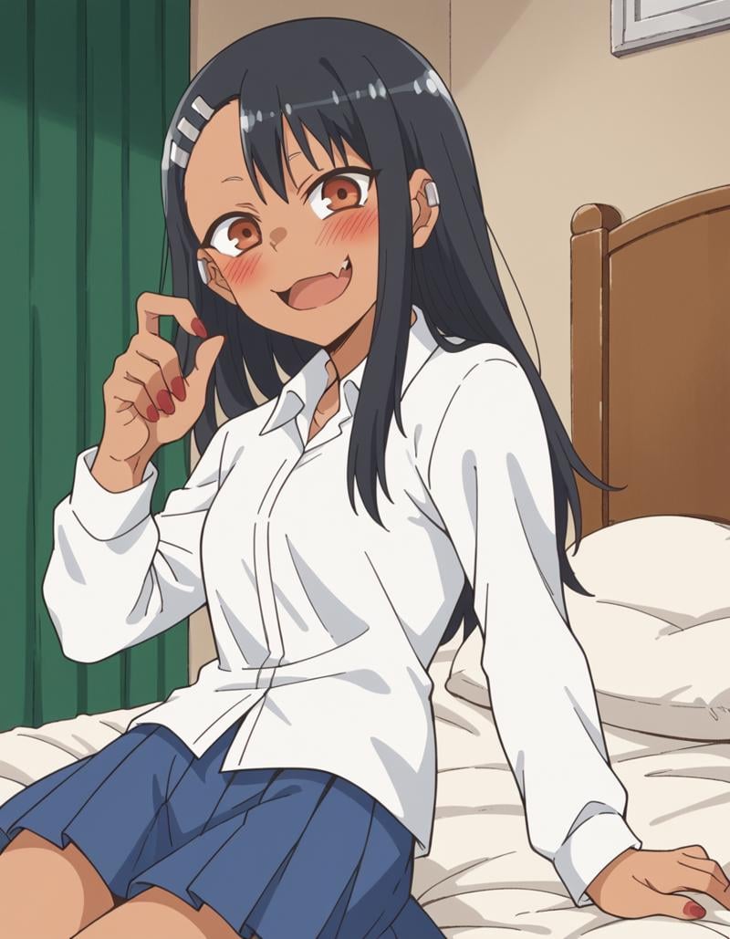 score_9, score_8_up, score_7_up, source_anime,hayasenagatoro, <lora:hayase-nagatoro-s1s2-ponyxl-lora-nochekaiser:1>,hayase nagatoro, long hair, bangs, black hair, hair ornament, brown eyes, hairclip, fang, dark skin, dark-skinned female, tan,skirt, shirt, school uniform, white shirt, pleated skirt, nail polish, blue skirt, red nails, earclip,indoors, bed, bed room, on side, blush, drunk,looking at viewer, cowboy shot, solo, dutch angle,