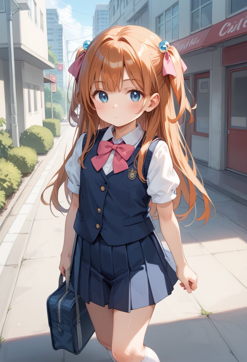 score_9, score_8_up, score_7_up, BREAK1girl, solo, school uniform, two side up, long hair, blue eyes, eyelashes, kneehighs, blue skirt, blue shirt, orange hair, socks, brown hair, walking, white legwear, outdoors, standing, bowtie, school bag, short sleeves, blue vest, miniskirt, pink bow, hair ornament, puffy sleeves, building, twintails, half updo, hair ribbon, pleated skirt, legs, expressionless, white shirt