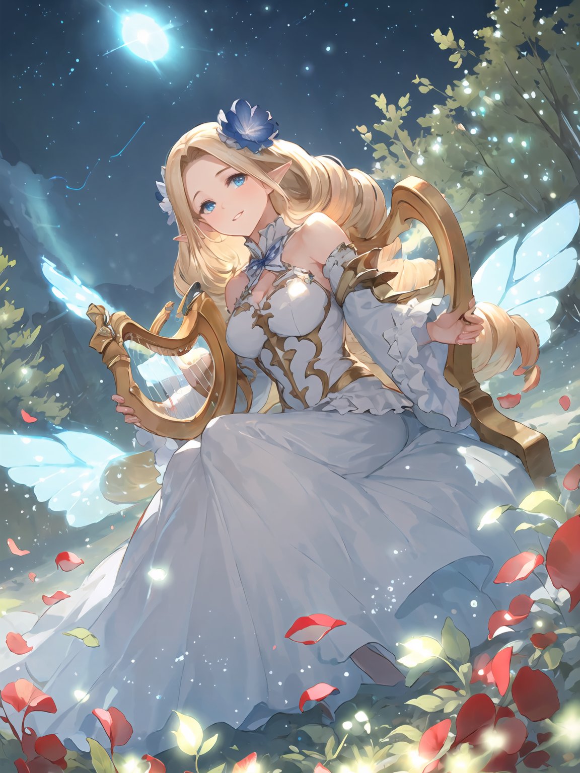 masterpiece,best quality,highres,cinematic lighting,dramatic angle,1girl,blonde hair,drill hair, white dress,parted bangs,cleavage,looking at viewer,pointy ears,blue eyes,bare shoulders,wings,frills,parted lips,petal,grass,smile,<lora:ShadowverseBrilliantFairyV1-000021:0.8:lbw=jiangshi3>,detached collar,hair flower,depth of field,detached sleeves,straight-on,head tilt,close-up,night,dark sky,(holding harp,playing instrument,playing harb,floating glowing musical note:1.3),sitting on chair,woods,starry sky,from below