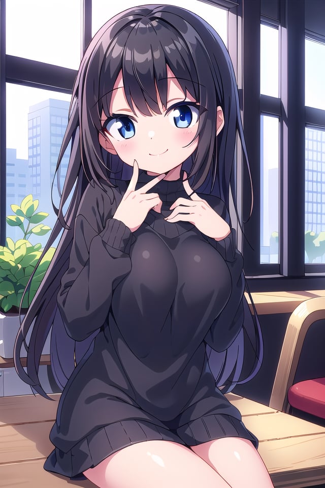 insanely detailed, absurdres, ultra-highres, ultra-detailed, best quality,1 girl, solo, nice hands, perfect hands,BREAK,wearing sweater,happy smile, laugh, closed mouth,sitting, cute pose,45 angle, cowboy shot, looking at viewer,BREAK,slender, kawaii, perfect symmetrical face, ultra cute girl, ultra cute face, ultra detailed eyes, ultra detailed hair, ultra cute, ultra beautiful,by Canon EOS, SIGMA Art Lens 35mm F1.4, ISO 200 Shutter Speed 2000,BREAK,indoors, in coffee shop,medium large breasts,,black hair, long hair, black eyes