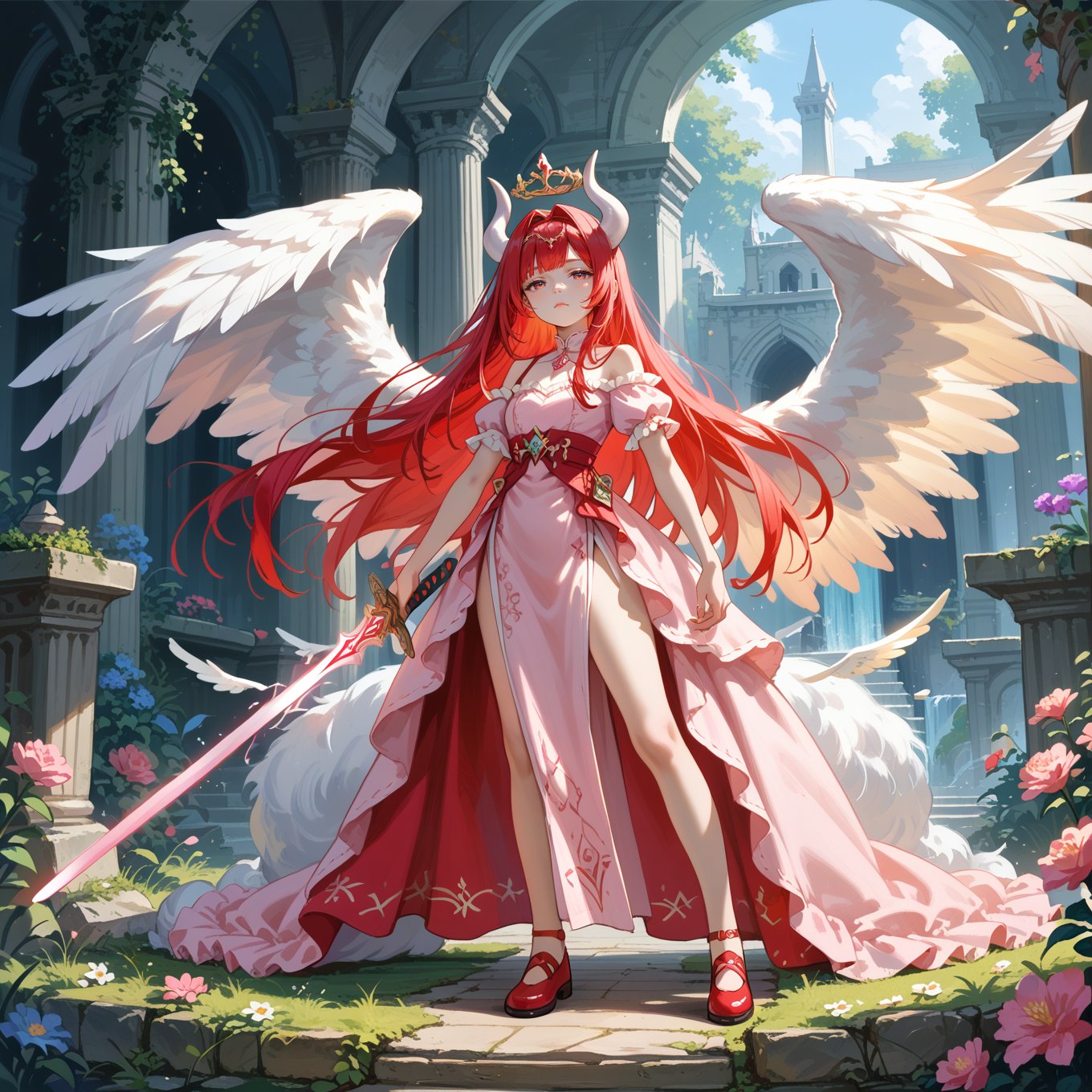 score_9, score_8_up, score_7_up,energy sword,multicolored eyes,red hair,colored inner hair,gradient hair,long hair,angel,white wings,white horns,animal ear fluff,pink dress,side slit,off shoulders,short sleeves,tiara,flower,gem,red shoes,half-closed eyes,expressionless, planted sword, hands on hilt, holding sword,