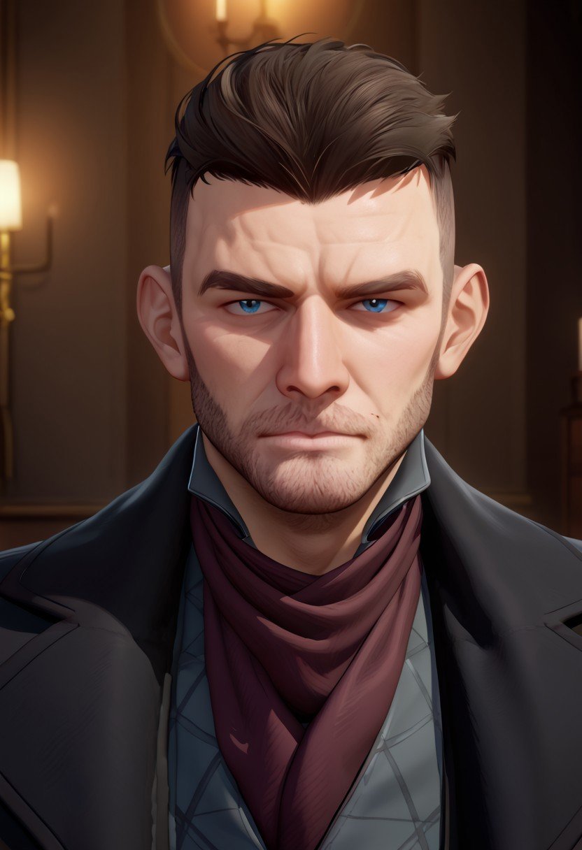 ((Amine, flat, 2d)), score_9, score_8_up, score_7_up, score_6_up, perfect anatomy, perfect proportions, best quality, masterpiece, high_resolution, high quality, solo male, Geoffrey McCullum, dark brown hair, crewcut, neat hair, short hair, grey-blue eyes, facial hair, stubble, black trench coat, grey vest, dark red cravat, adult, mature, masculine, manly, handsome, charming, alluring, intense eyes, look at viewer, portrait, headshot, dark atmosphere