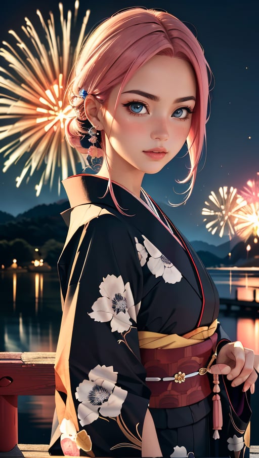 (best quality, masterpiece, colorful, dynamic angle, highest detailed) Realistic photo, fashion photography of a cute European girl with iridiscent pink hair, flirting with POV, in traditional japanese gold&black kimono, ultra detailed kimono textures, perfect night, kyoto, fireworks, (intricate details, hyperdetailed:1.15), detailed, moonlight passing through hair, (official art, extreme detailed, highest detailed), HDR+