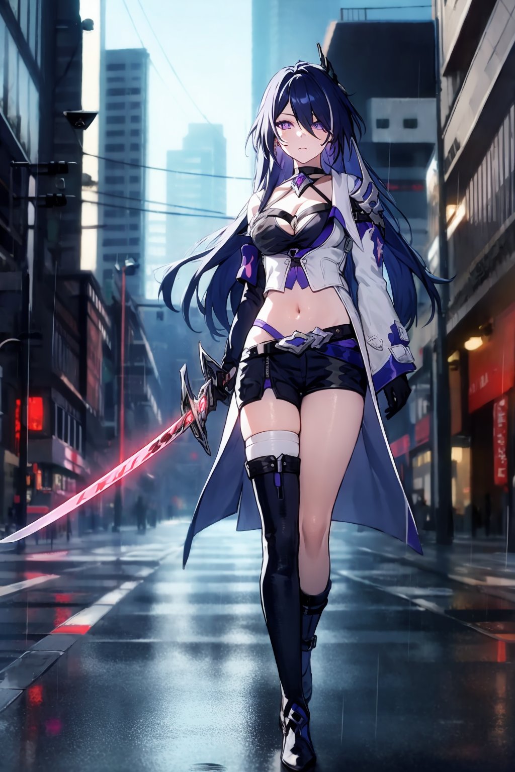 masterpiece, best quality, <lora:yomi:1>,1girl, long hair, weapon, rain, sword, holding, thighhighs, shorts, outdoors, katana, building, reflection, solo, sheath, midriff, holding weapon, breasts, city, asymmetrical legwear, navel, gloves, standing, boots, sheathed, purple hair, single thighhigh, holding sword, short shorts, night, black shorts, coat, black gloves, bangs, jacket, long sleeves, street, belt, purple eyes, uneven legwear, black footwear, walking, ground vehicle, open clothes, road, weapon on back, crop top, scenery, artist name, cityscape, closed mouth, motor vehicle, thigh strap, raiden mei, medium breasts, open coat, looking at viewer, shirt, hair between eyes, large breasts, clothing cutout, black hair, cleavage, open jacket