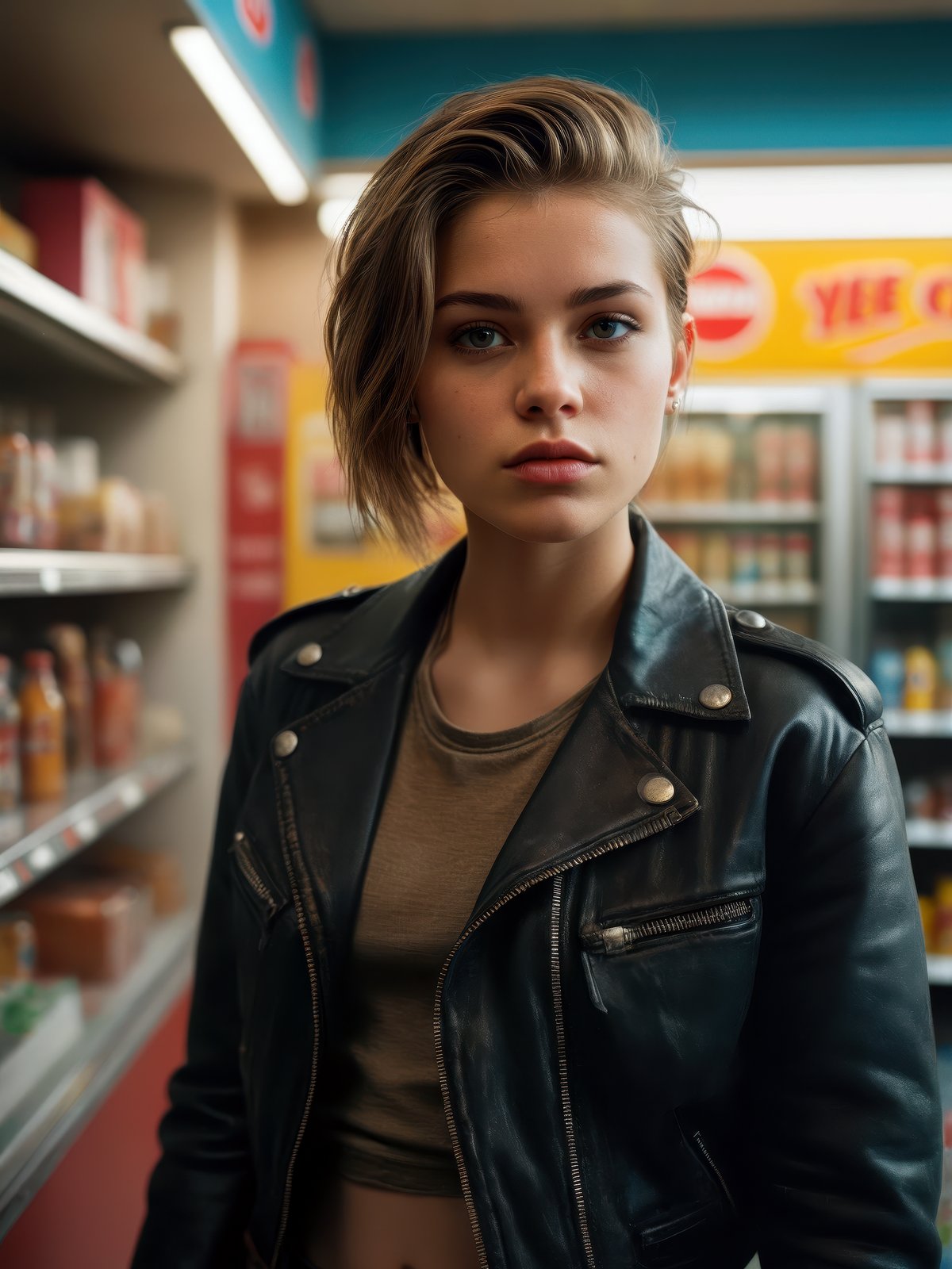 full body photo of a 23 year old Dutch woman, undercut hairstyle, tee, leather jacket, jeans, 80s convenience store, very detailed, atmospheric haze, film grain, cinematic film still, shallow depth of field, highly detailed, high budget, cinemascope, moody, epic, gorgeous, 2000s vintage RAW photo, photorealistic, color graded cinematic, eye catchlights, atmospheric lighting, skin pores, imperfections, natural, shallow dof