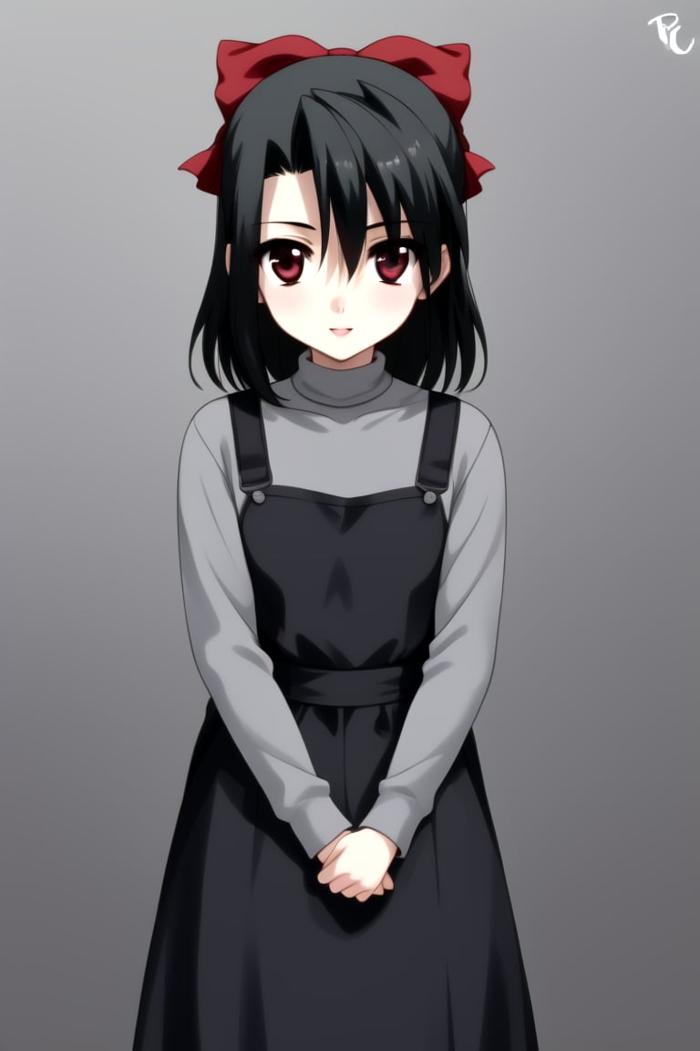 Highly detailed, High Quality, masterpiece, beautiful, 1girl, solo, (feminine focus, young woman, 16 years old), Setsuna Kiyoura, black hair, red eyes, hair bow, red bow, tiny breasts, BREAK (black pinafore dress), grey t-shirt, grey long sleeves, turtle neck, BREAK front view, full_body, ((far_from_viewer)), standing, Focus waist<lora:EMS-440496-EMS:1.000000>