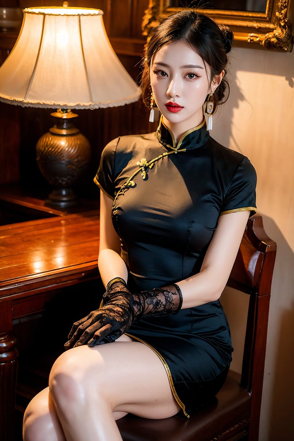 1girl,gloves,(realistic:1.2),lace gloves,solo,wavy curls,lamp,chinese clothes,dress,black gloves,china dress,black hair,(red lips:0.7),sitting,earrings,short sleeves,looking at viewer,makeup,jewelry,chair,(lipstick:0.7),indoors,hair bun,<lora:linhe minguoshannv_20231019115043:0.7>,