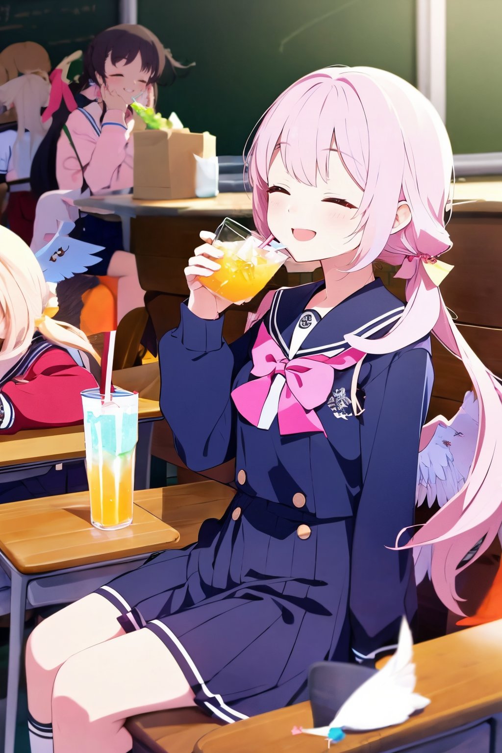 drinking straw, wings, multiple girls, twintails, long hair, feathered wings, school uniform, drinking glass, drink, long sleeves, closed eyes, cup, holding,  smile, low twintails, pink hair, food, sitting<lora:BA_v1_wd14_LoRA:0.8>,