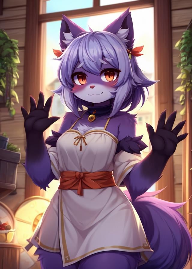 (by Teranen , by Beatrice Ethel Lithiby, by Kiyosan), kemono (ashley \(mewgle\):1.25), (purple fur, fluffy tail), standing, white tribal outfit, waving at viewer, (half-length portrait, three-quarter view, front view:1.25), BREAK, bunting \(banner\), town, plant, inside, window, foreground, detailed background, depth of field, ambient silhouette, masterpiece, best quality, light, 4k, 2k, (high detail:1.25), shaded, photography