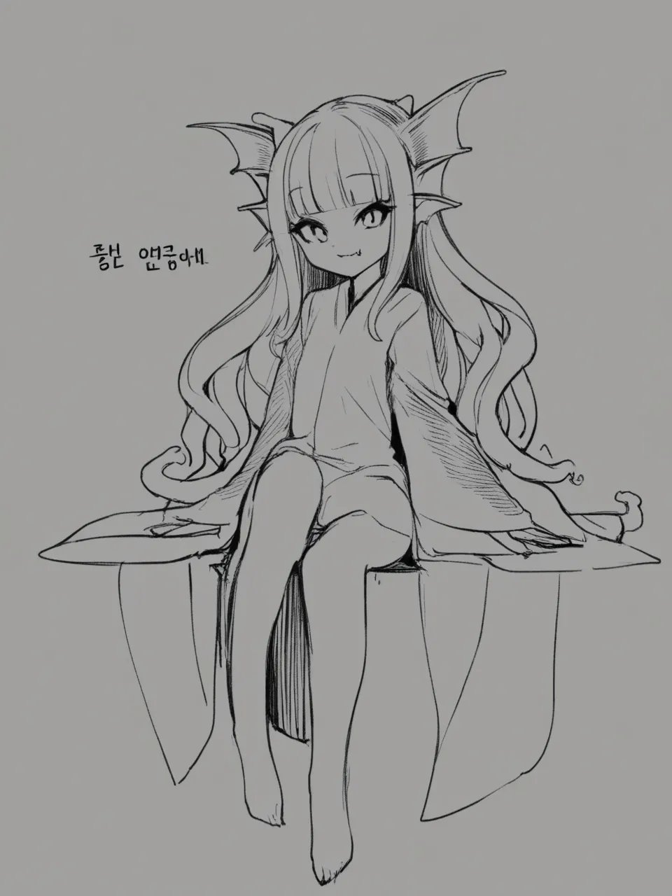 1girl,    inkstyle, monochrome, greyscale, silhouette, greyscale, (white background:1.2), loli, simple background, fang out, solo, korean text, fang, head fins, fins, full body, sitting, monster girl, tassel, very long hair, robe, smile, long sleeves, closed mouth, blunt bangs, long hair, sketch, wide sleeves, signature, artist name, flat chest, tentacle hair, looking at viewer, masterpiece, newest, absurdres, safe <lora:inkstyle:1>