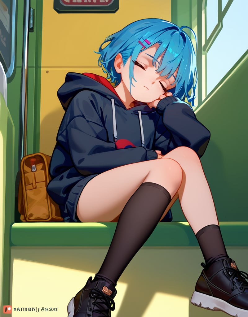 zPDXL2, <lora:as109V1:1>, as109, 1girl, cute face, closed eyes, long blue hair, black hoodie, black leggings, black shoes, sitting in a train, sleeping, viewed from front