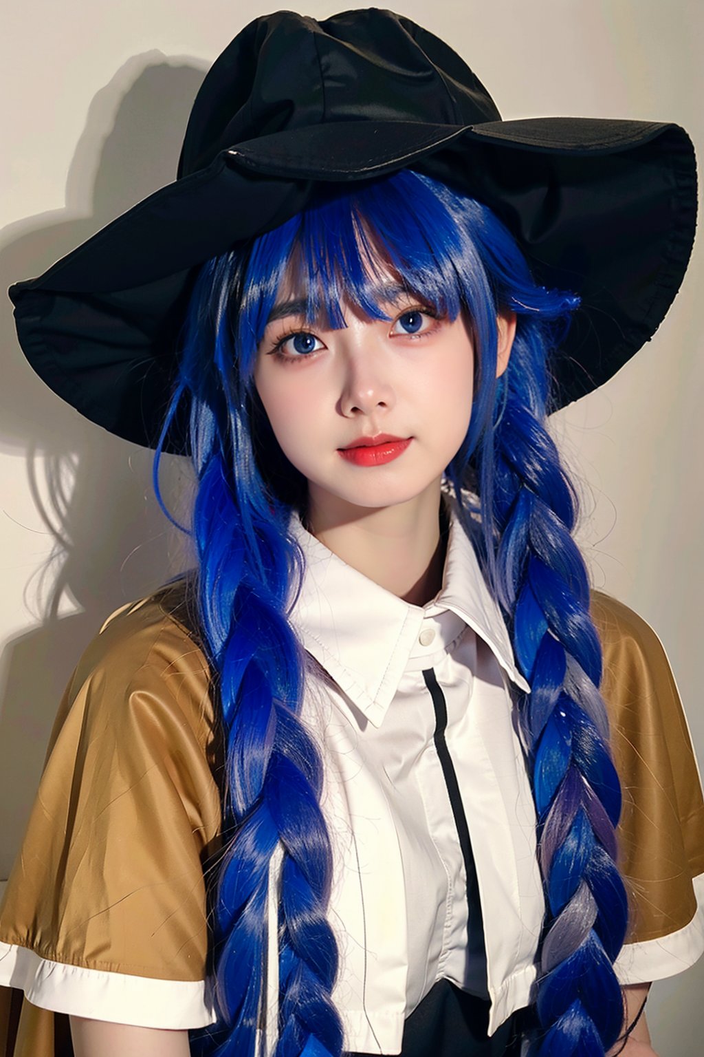 best quality,masterpiece,1girl, roxy migurdia, solo, long hair, looking at viewer, hat, bangs, blue eyes, blue hair, very long hair, braid, cape, twin braids, simple background, realistic<lora:RoxyMigurdia_v1_wd14-000010:0.65>