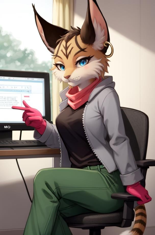 (anthro furry:1.2), MiyuCzar, female, lynx, (brown fluffy fur, lynx ears, tail, blue eyes, small breasts, gold hoop ear ring), (green pants, grey jacket, brown gloves, pink shirt), (sitting, desk, desk chair, computer, monitor, keyboard, computer mouse), (masterpiece:1.2), hires, ultra-high resolution, 8K, high quality, (sharp focus:1.2), clean, crisp, cinematic, <lora:Miyu1-12:1>