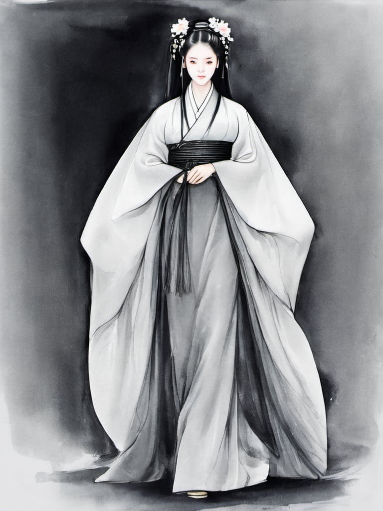 fushi,1girl, hanfu,monochrome, <lora:服饰人物_手绘_V1.0XL:1>, masterpiece, best quality,