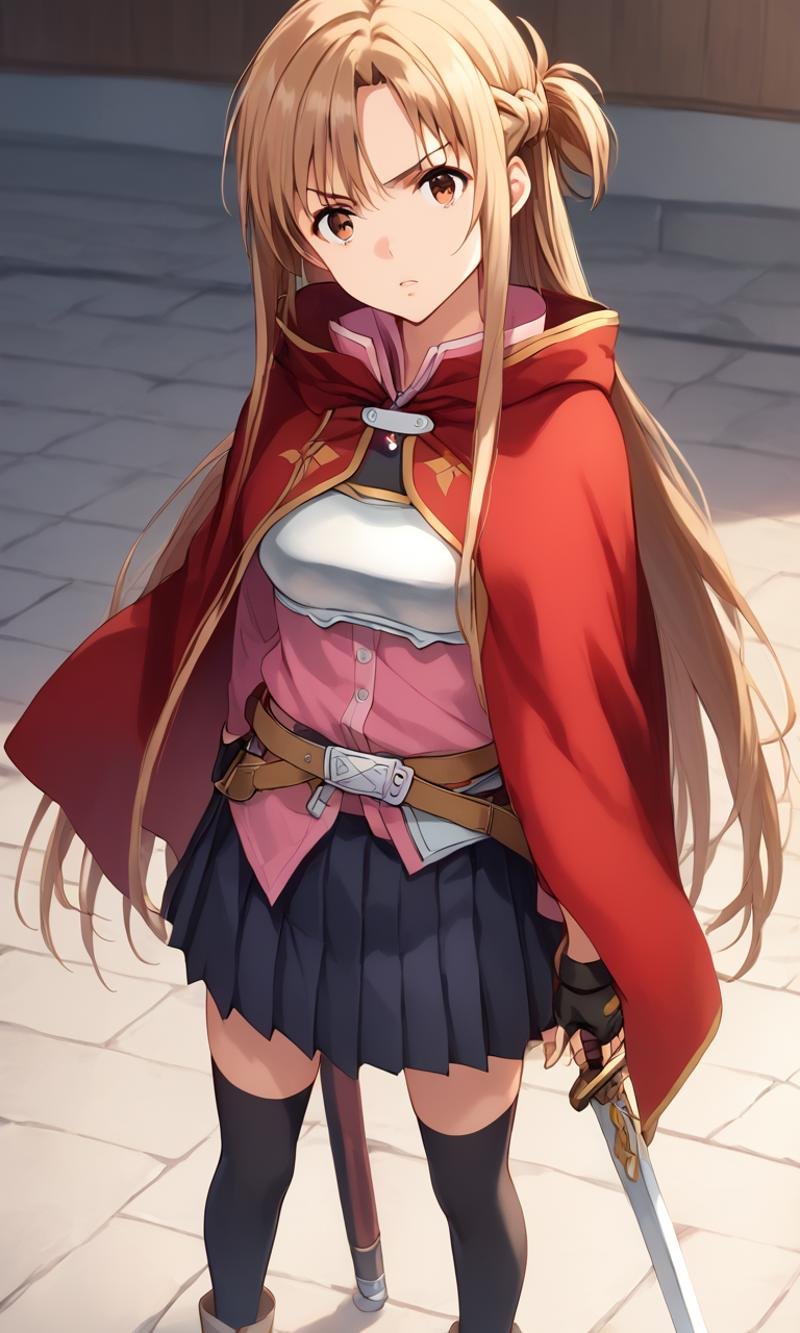 <lora:sdxl-sao-asuna-pony:0.8> asuna, sao, 1girl, solo, brown eyes, brown hair, long hair, bangs, medium breasts, french braid +++ breastplate, pink long sleeves shirt, belt,  black pleated skirt, black thighhighs, zettai ryouiki, gray short boots, fingerless gloves, red cape with hood  +++ drawing rapier , puckered lips, astral pendant, Fluorescent Light, +++ arm at side, head tilt, Overhead view, looking down, Establishing Shot, cinematic lighting, score_9, score_7_up, source_anime, ntm, holding sowrd aiming at viewer wield a sword angry open mouth