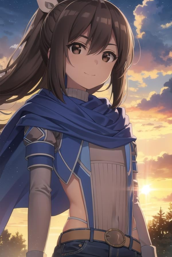 bofurisally, <lora:bofuri sally s2-lora-nochekaiser:1>, sally, long hair, brown hair, (brown eyes:1.5), ribbon, hair ribbon, ponytail, smile,BREAK gloves, shorts, scarf, blue scarf, shirt, white shirt, puffy sleeves, long sleeves, belt, denim shorts,BREAK outdoors, nature, forest, sun, sky, clouds, trees, grass,BREAK looking at viewer,BREAK <lyco:GoodHands-beta2:1>, (masterpiece:1.2), best quality, high resolution, unity 8k wallpaper, (illustration:0.8), (beautiful detailed eyes:1.6), extremely detailed face, perfect lighting, extremely detailed CG, (perfect hands, perfect anatomy),