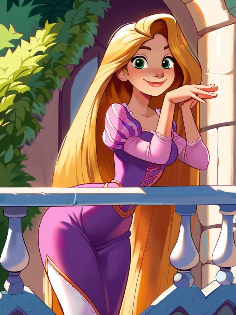 score_9, score_8_up, score_7_up, source_anime, RapunzelWaifu in a balcony in the top of a tower, leaning forward, cute pose, medium breasts, narrow waist, wide hips, thick thighs, smile, blue eyes, purple dress, puffy sleeves, very long hair, blonde, green eyes, anime style, looking at viewer, cute, detailed landscape, cowboy shot, cartoon, 4k, masterpiece, <lora:RapunzelPonyXL_character:0.7>  <lora:AfrobullPDXLresize:0.6>