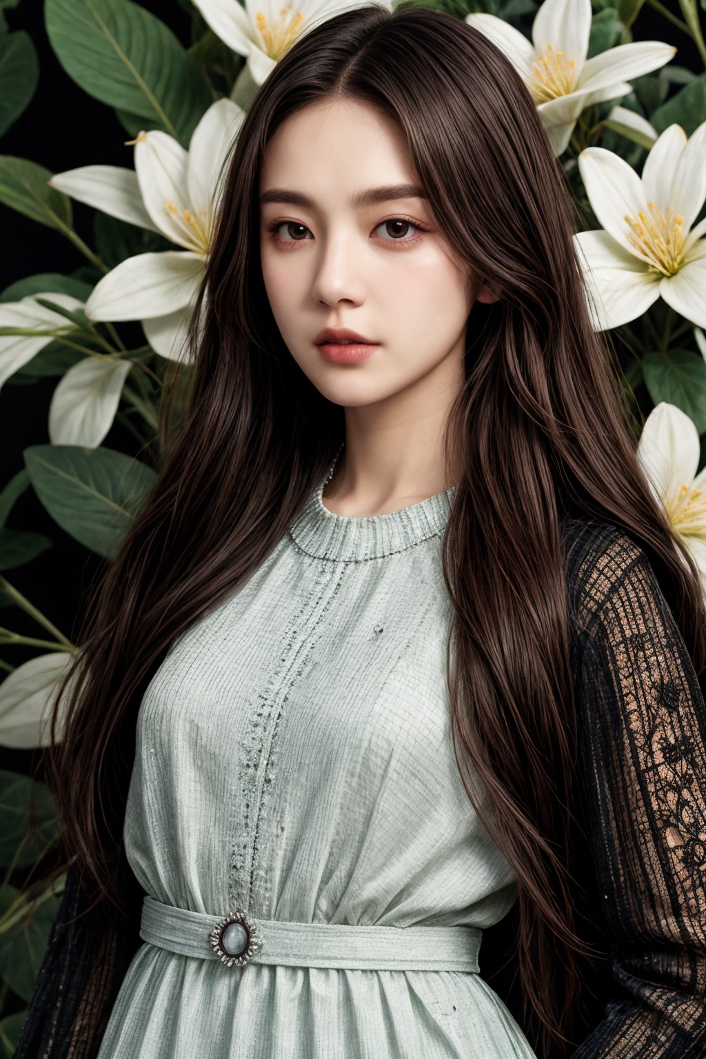 (medium full body shot:1.2), woman,long hair,Detailed skin, extreme realistic skin detail, detailed face, (skin imperfections:0.3), dress, (film grain:0.5), dynamic lighting, intricate, (skin pores:0.2), RAW photo, ultra detailed, real life,flower background,