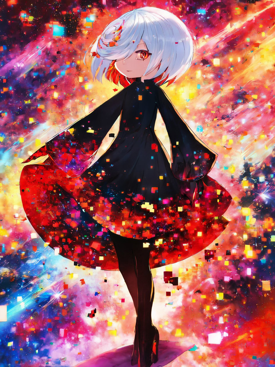 1girl, sageai, standing, long sleeves, black dress, white hair, red hair, multicolored hair <lora:SageAI-XL:1>