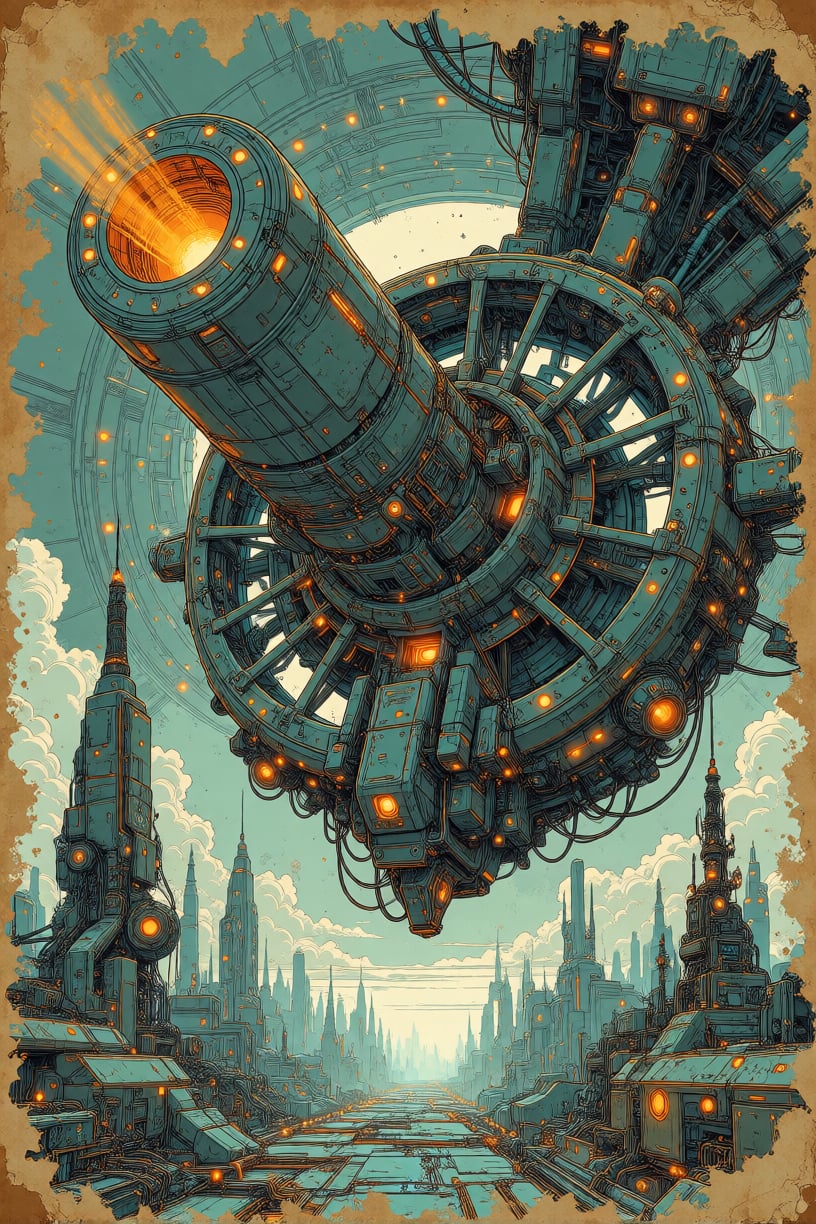 illustration of a massive orbital cannon or weapon platform hanging above a futuristic cityscape,  dramatic scale,  aged p...