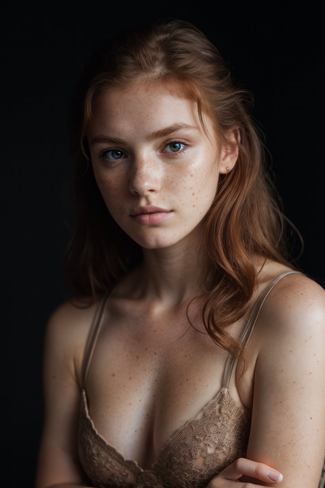 <lora:LowRA:0.6> (8k, RAW photo, highest quality), beautiful girl, close up, dress, (detailed eyes:0.8), defiance512, (looking at the camera:1.4), (highest quality), (best shadow), intricate details, interior, ginger hair:1.3, dark studio, muted colors, freckles   <lora:epiNoiseoffset_v2Pynoise:1.2>