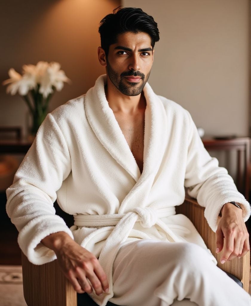 Smaran Sahu ,  high-resolution photograph,  wearing fitted fluffy white bathrobe. He is sitting on a chair in the spa area...