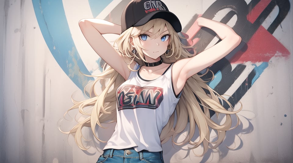 1girl,bangs,bricks,honeycomb,jewelry,medium breasts,BLACK baseball cap,brick wall,arms behind head,arms raised,black collar,blonde hair,blue eyes,tightly closed mouth,collarbone,hoop earrings,hat,jeans,long hair,brassiere,bare-chested,graffiti