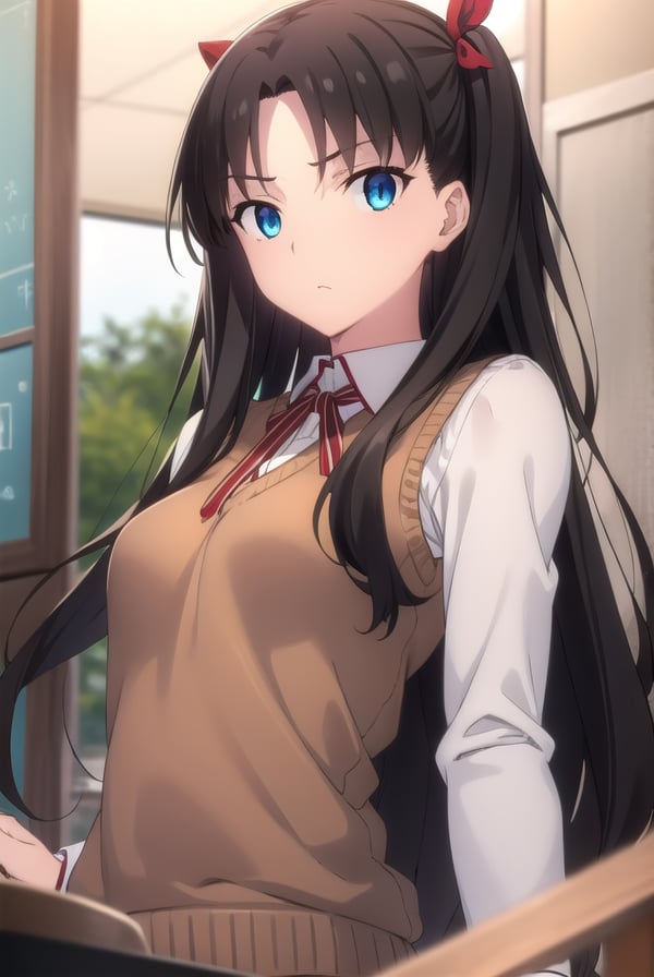 rintohsaka, <lora:rin tohsaka ubw-lora-nochekaiser:1>, rin tohsaka, aqua eyes, (black hair:1.5), hair ribbon, long hair, ribbon, sidelocks, two side up, (parted bangs:1.5),BREAK (brown sweater vest:1.2), collared shirt, homurahara academy school uniform, neck ribbon, red ribbon, ribbon, school uniform, shirt, sweater vest, white shirt,BREAK indoors, classroom,BREAK looking at viewer, (cowboy shot:1.5)BREAK <lyco:GoodHands-beta2:1>, (masterpiece:1.2), best quality, high resolution, unity 8k wallpaper, (illustration:0.8), (beautiful detailed eyes:1.6), extremely detailed face, perfect lighting, extremely detailed CG, (perfect hands, perfect anatomy),