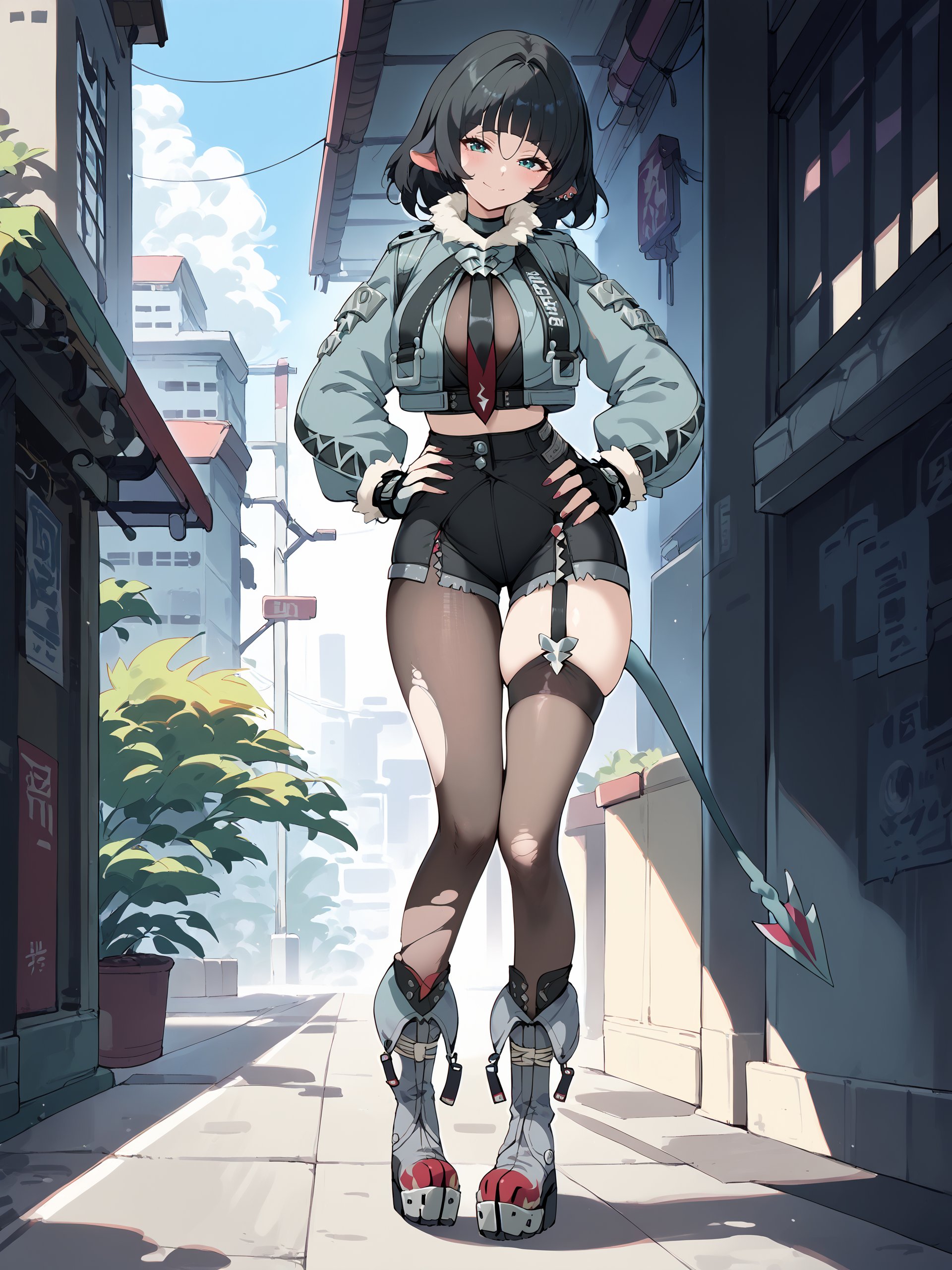 1girl, jane doe \(zenless zone zero\), fingerless gloves, black shorts, tail, cropped jacket, single garter strap, single leg pantyhose, single thighhigh, necktie, long hair, platform boots, full body, standing, seductive smile , looking at viewer, hand on hip, outdoors, street score_9, score_8_up, score_7_up, source_anime  <lora:Char-ZZZ-JaneDoe-V1-Pony:1>