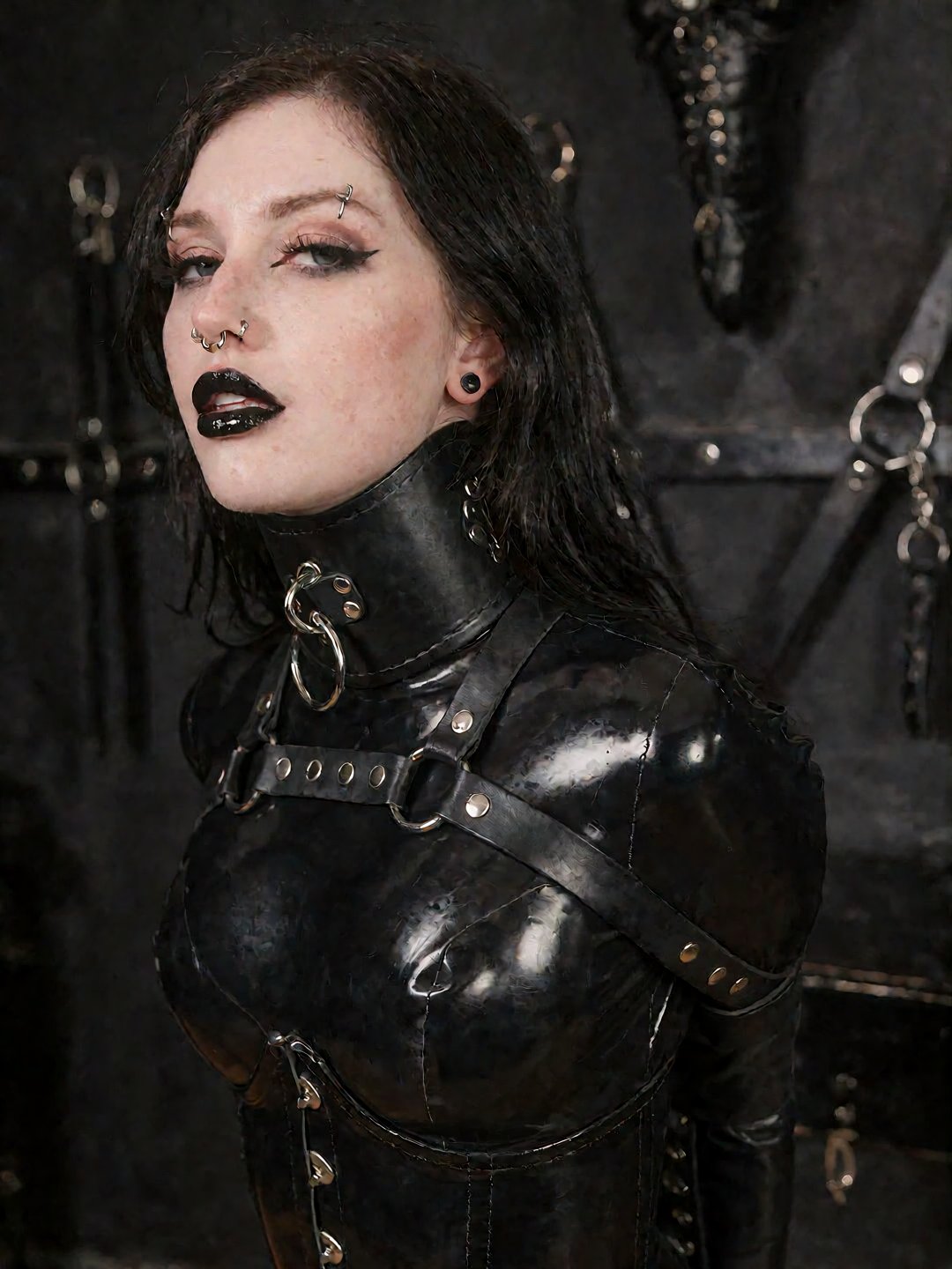 A studio photo of a very beautiful young gothic girl wearing a black latex catsuit and a corset,  she is 18 years old and...