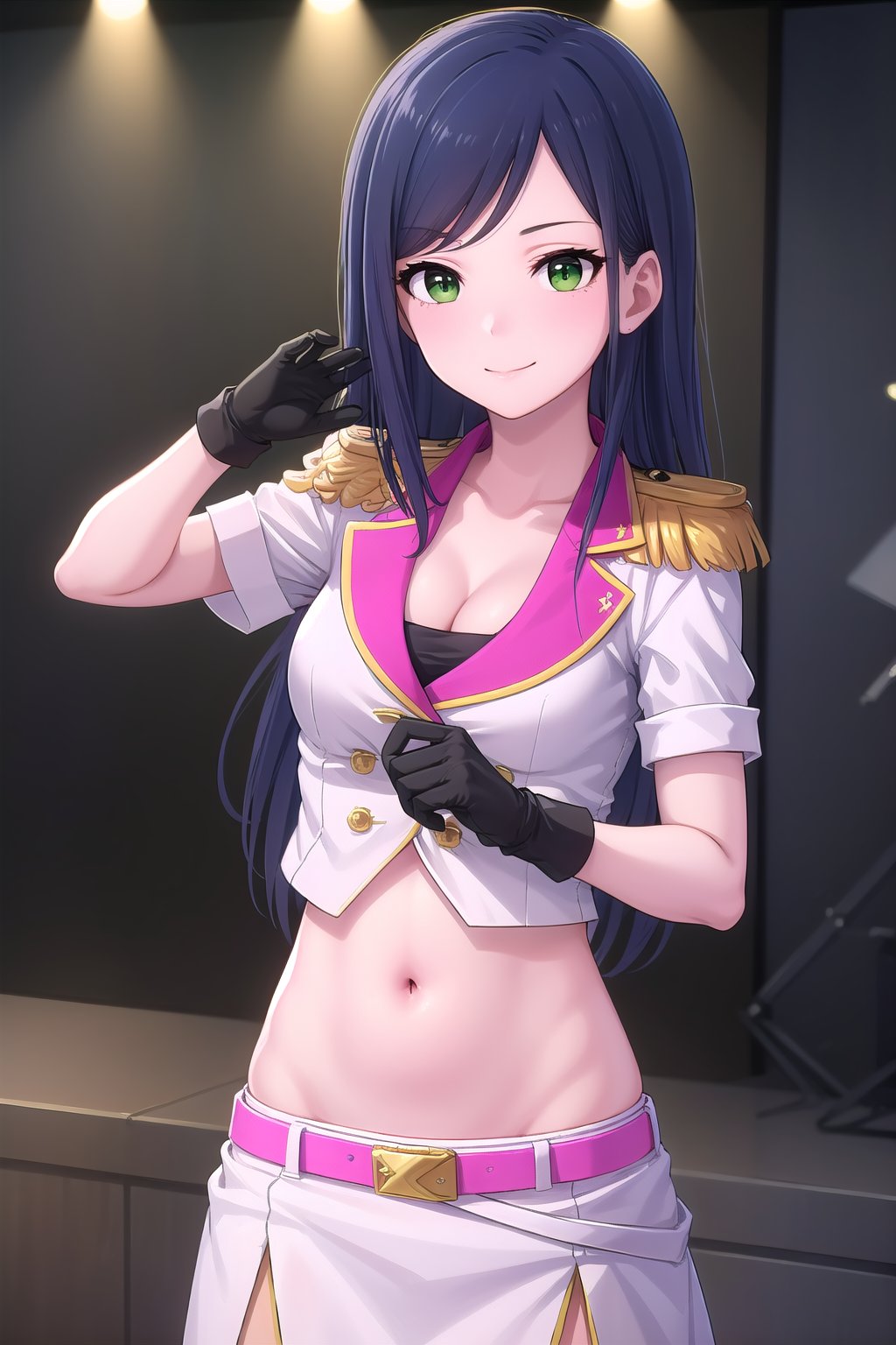 (masterpiece, best quality), highly detailed background, perfect lightingbest quality, juneyIMAS, solo, indoors, stage, stage lights, idol, dark blue hair, swept bangs, parted bangs, long hair, green eyes, medium breasts, epaulettes, white shirt, cleavage, short sleeves, black gloves, stomach, navel, aiguillette, pink belt, white skirt, military uniform, smile, closed mouth, :), <lora:Juney-IM@S-05:0.7>