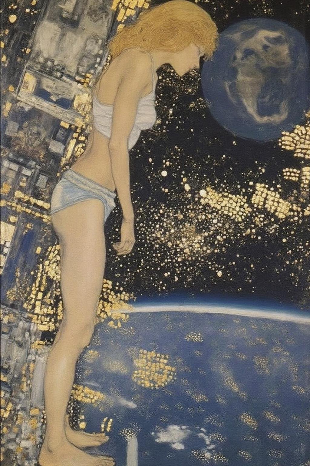 kl1mt painting. Profile view of a blonde,  floating weightless,  space station. She is wearing short shorts by NobodyButMe...