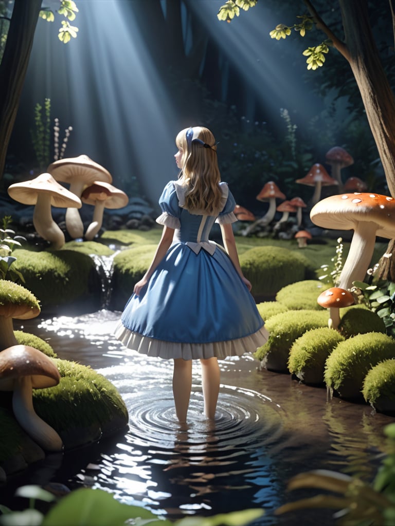 Adult Alice in wonderland standing in stream,large mushrooms in background,highly detailed,Beautiful lighting,photoreal,4k,depth of field,night scene,light from godrays shining on ground,