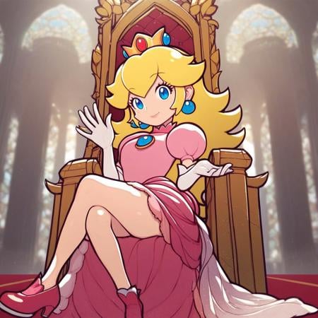 score_9, score_8_up, score_7_up, 1girl, Princess peach, sitting on throne, waving at viewer,