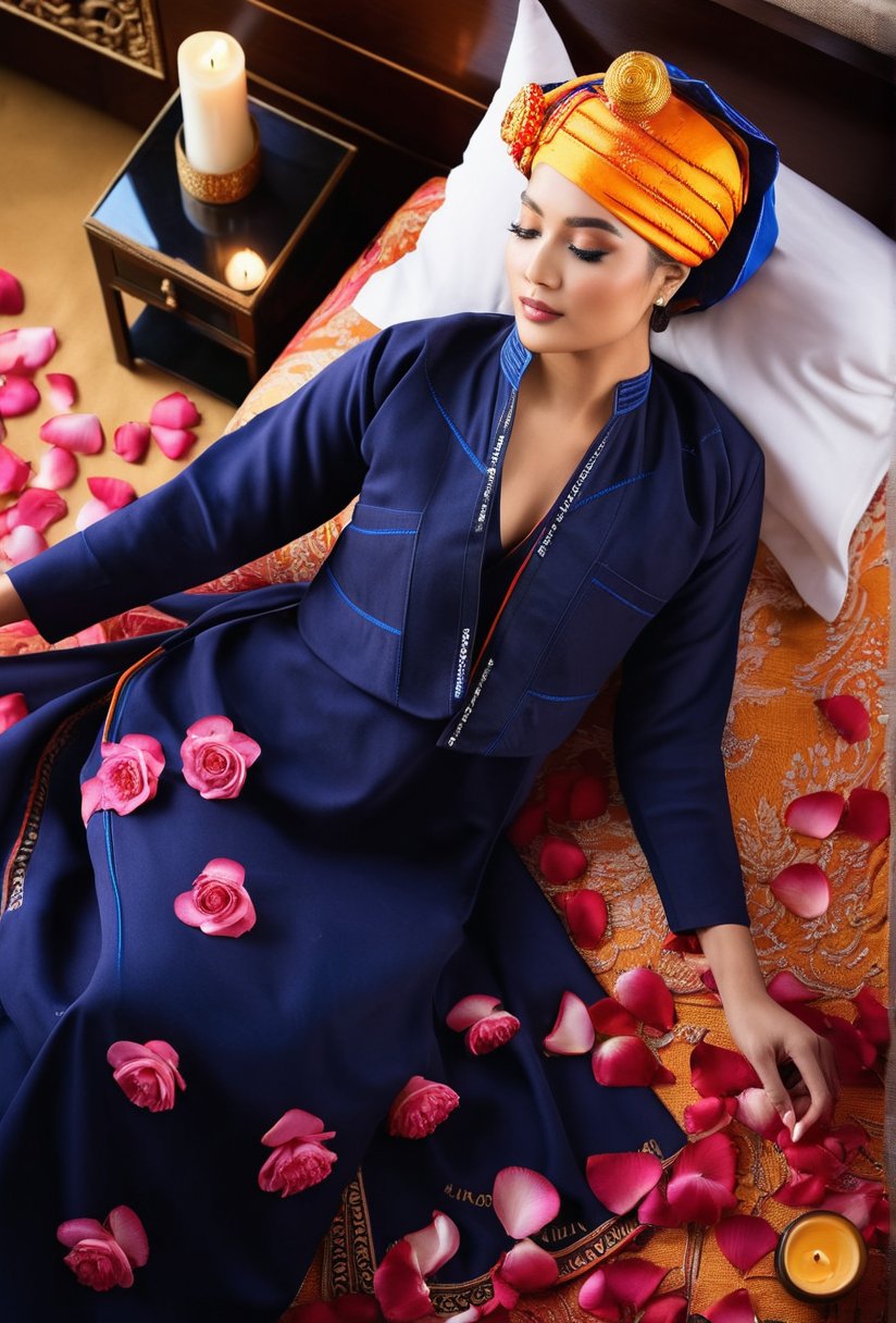 cinematic film still Capture a seductive and luxurious scene in your artwork: Picture a captivating girl, paoh dress, navy blue paoh traditional dress, turban, hotel room. From a top-down perspective, showcase the room adorned with opulent details such as satin sheets, velvet cushions, flickering candles, and scattered rose petals. Let the ambiance exude sensuality and sophistication, creating a visually stunning and enticing composition that evokes a sense of intimacy and allure <lora:paoh_dress-000003:1>