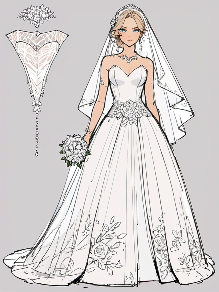 <lora:luXL毛躁手绘Fuzzylines_lora_resized:0.6>, fuzzylines, sketch, fashion design chart of an elegant wedding dress, veil, flowers, jewellery,