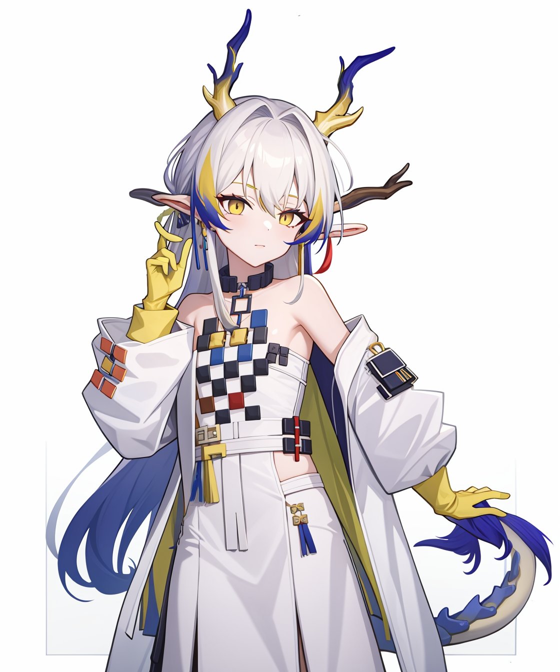 <lora:方舟黍:1:lbw=char>,1girl,shu(/arknights),horns,high quality,long sleeves,white dress,yellow gloves,white coat,dragon tail,tail,jewelry,solo,, (masterpiece,best quality:1.2),absurdres, high quality,