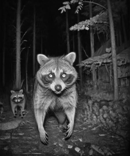 Camera trap, monochrome, raccoon looking at the camera, horror   <lora:Camera trap:1>