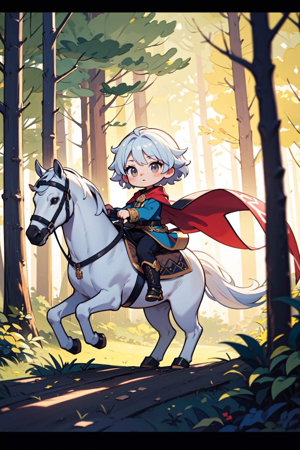 chibi,The prince is riding a white horse galloping through the forest at night,short hair,,cinematic photo,4k,highly detailed,uhd image,intricate details,,detailed scene background,detailed,8k,