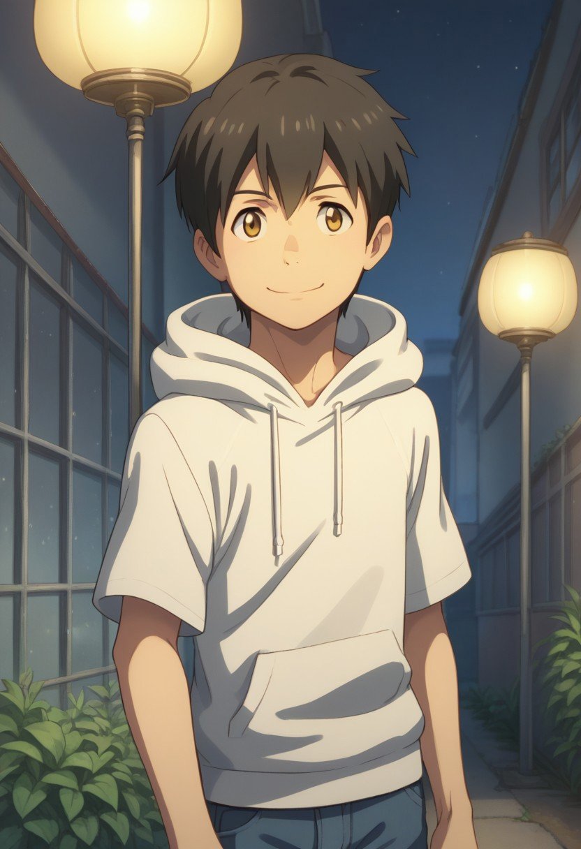 score_9, score_8_up, source_anime, highly detailed, hodaka, 1boy, male focus, solo, black hair, brown eyes, pants, t-shirt, pants, socks, upper body, outdoor, tokyo, hoodie, hood, hood up, smile, night, lamplight,