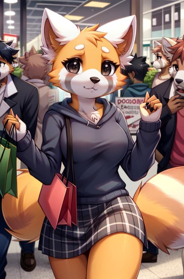 1girl, RetsukoCzar, (two-toned fur, orange fur, black eyes, whiskers, animal ears, racoon tail, striped tail, snout), (skirt, sweater, purse, shopping bags), (interior, shopping center, signs, sale signs, clothing, crowd, crowded, mannequin), (masterpiece:1.2), hires, ultra-high resolution, 8K, high quality, (sharp focus:1.2), clean, crisp, cinematic, <lora:Retsuko-20:1>