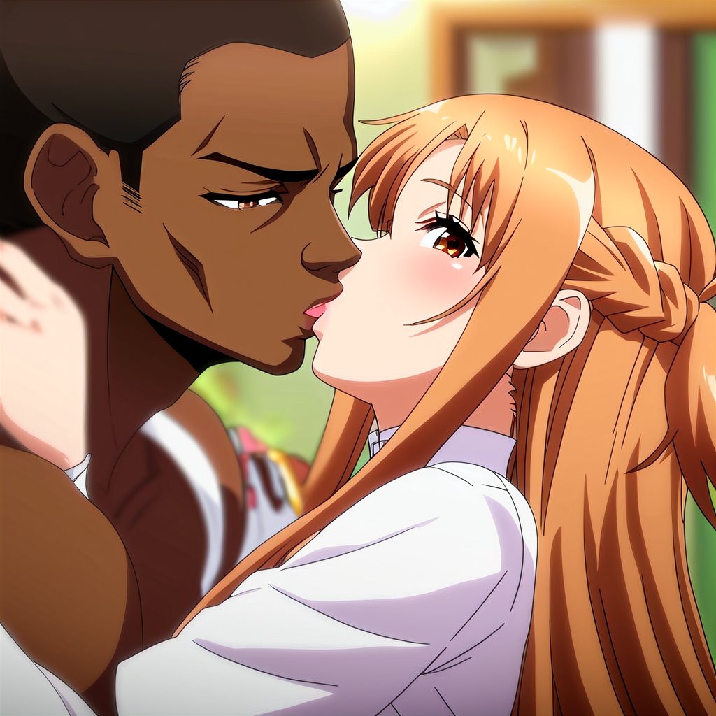 score_9, score_8_up, score_7_up, score_6_up, score_5_up, score_4_up, source_anime, yuuki asuna, long hair, 1girl, hetero, 1boy, dark-skinned male, african male, kiss, masterpiece, perfect face, best quality, beautiful girl, blurry background, cute girl, beautiful eyes, shiny eyes, anime coloring, anime screencap, absurdres,looking at viewer,<lora:yuuki_asuna_r1:0.8>