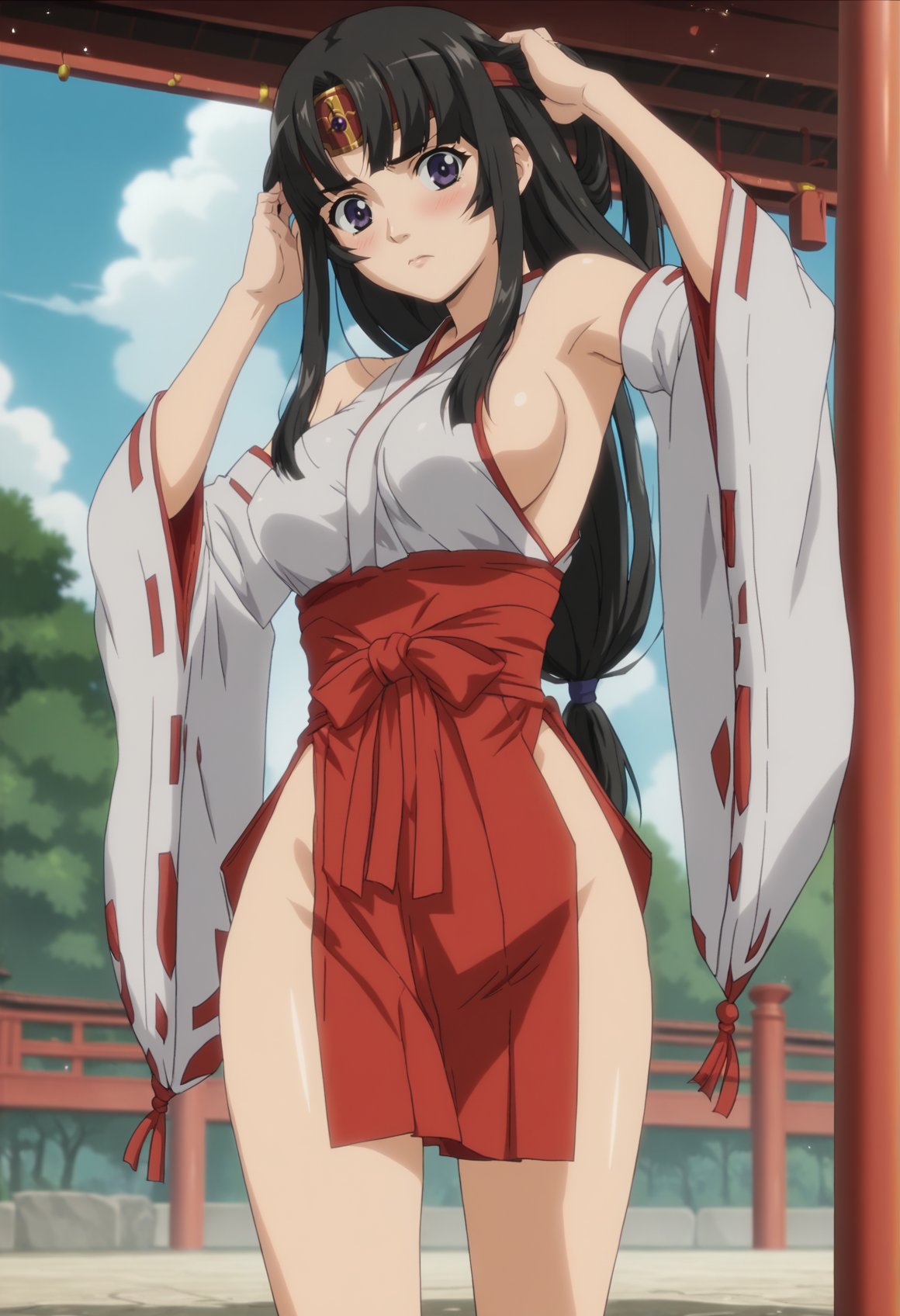 1girl, solo, black hair, long hair, purple eyes, hime cut, headband, japanese clothes, miko, sideboob, long sleeves, detached sleeves, bare shoulders, bare legs, thighhighs, pelvic curtain, blushing, hand on hair, outoors, japanese shrine, anime screencap <lora:Tomoe XL:1>, score_9, score_8_up, score_7_up, score_6_up, score_5_up, score_4_up, BREAK source_anime, masterpiece