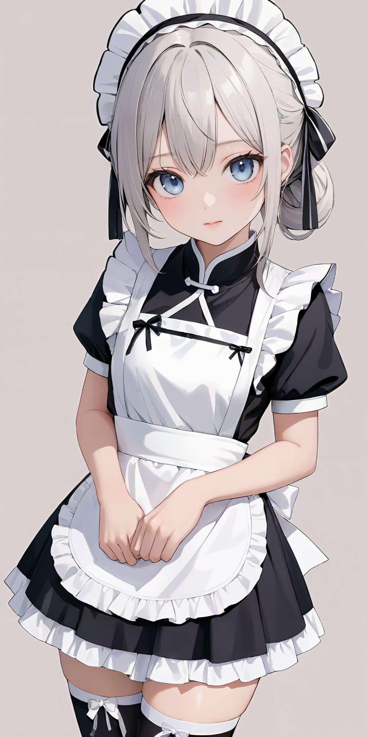 masterpiece,ultra-detailed,best quality,8K,illustration,cute face,clean skin ,shiny hair,girl,ultra-detailed-eyes,simple background, <lora:add-detail-xl:1>  <lora:china maid_XL_V1.0:0.6> jyojifuku,china maid,thighhighs